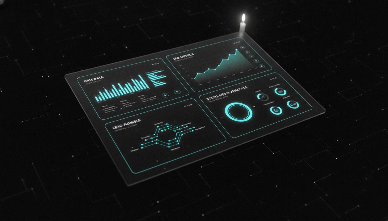 AI COO unified dashboard showing CRM intelligence, SEO metrics, and lead generation analytics