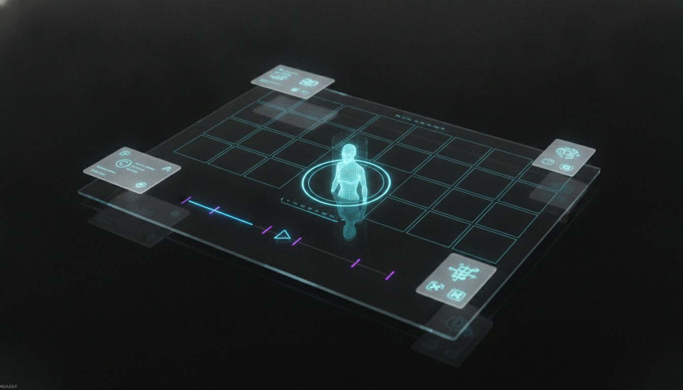 AI video generation interface showing storyboard frames, avatar preview, and timeline controls