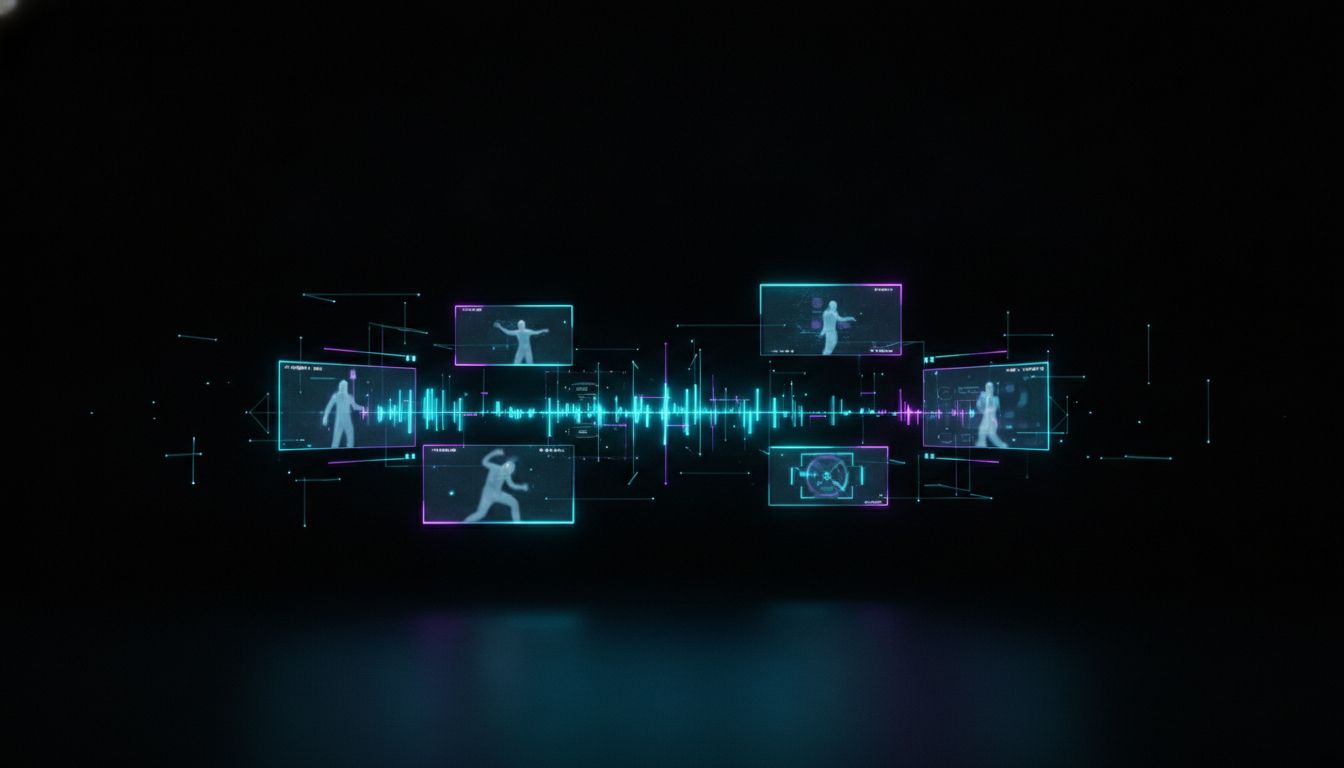 Futuristic AI video production command center with holographic timeline and glowing previews
